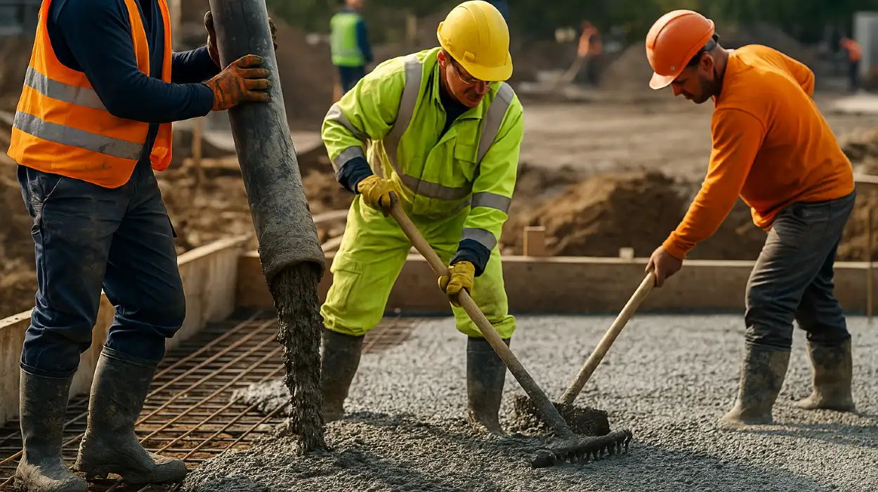 3 concrete contractors spreading concrete on the ground from Concrete Contractor Bulls Prime in Round Rock, TX - Concrete Contractor near me