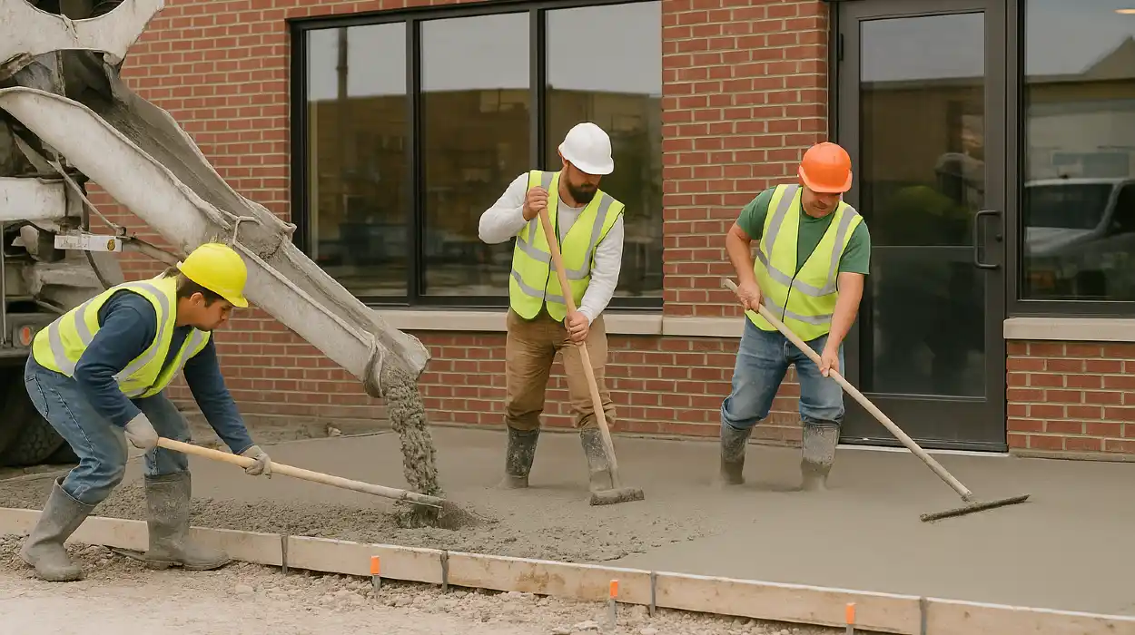 3 concrete contractors spreading concrete on the ground for a sidewalk from Concrete Contractor Bulls Prime in Round Rock, TX - Concrete Cutting Company