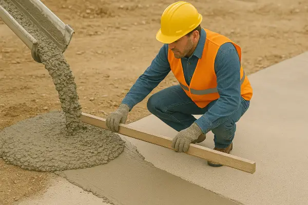 a concrete worker using a piece of wood to spread fresh cement for a sidewalk from Concrete Contractor Bulls Prime in Round Rock, TX - Concrete Cutting Company