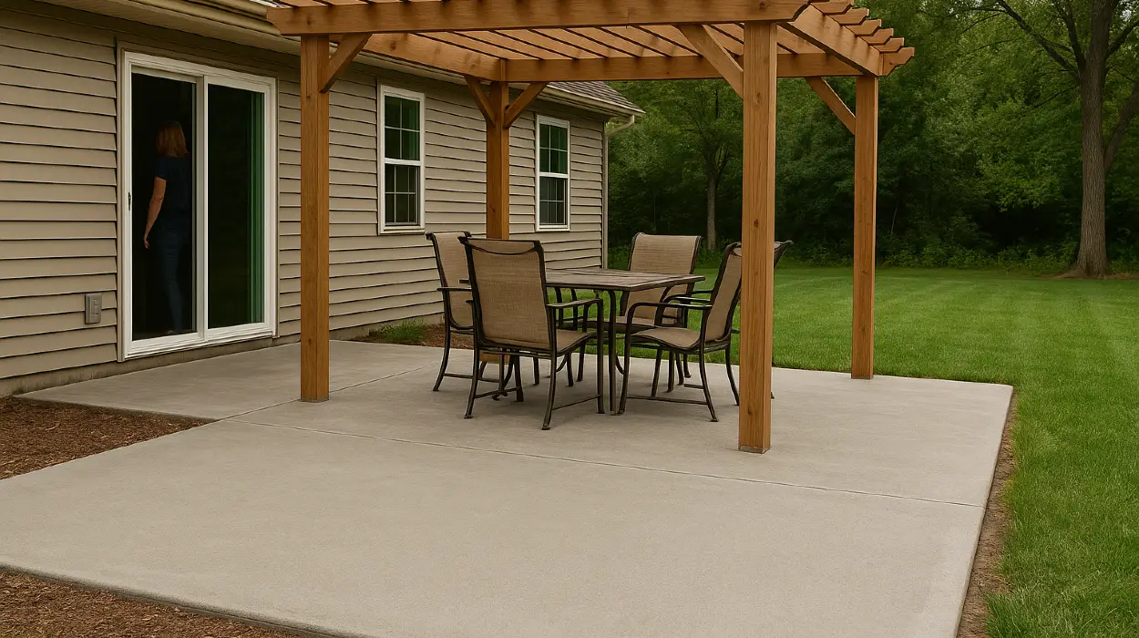 a concrete patio with a pergola from Concrete Contractor Bulls Prime in Round Rock, TX - Concrete Foundation Contractor