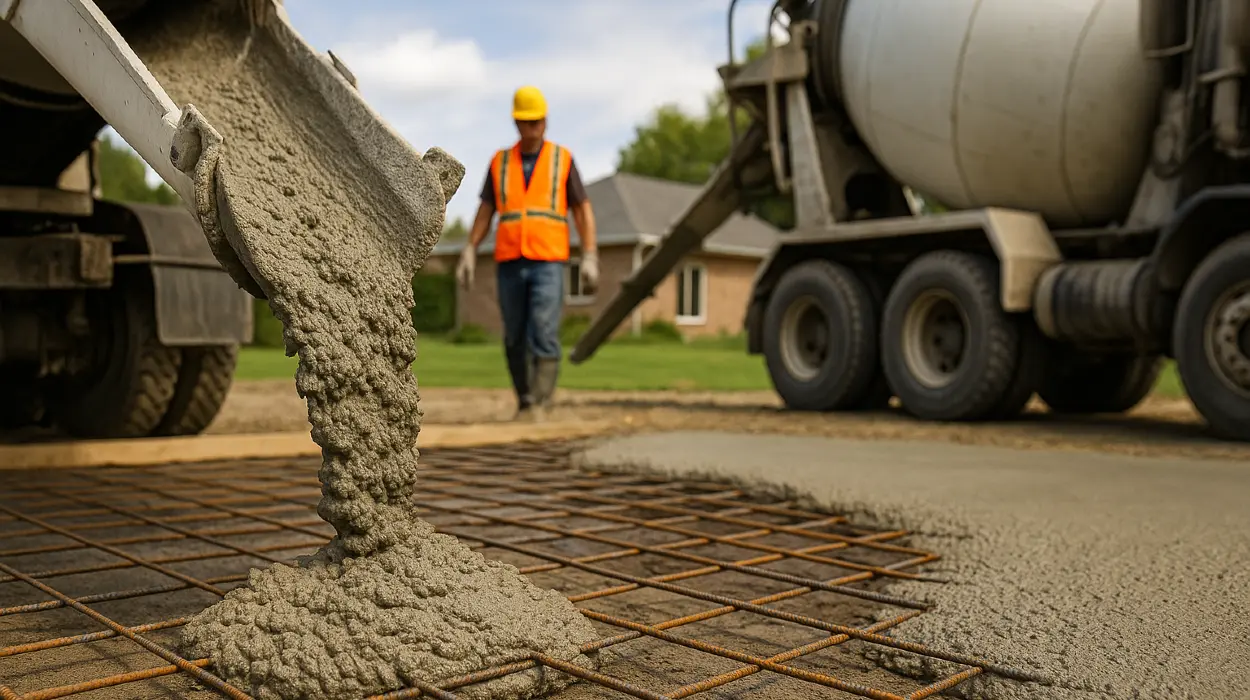 Cement truck pouring cement on a rebared ground from Concrete Contractor Bulls Prime in Round Rock, TX - Concrete Slab Contractor