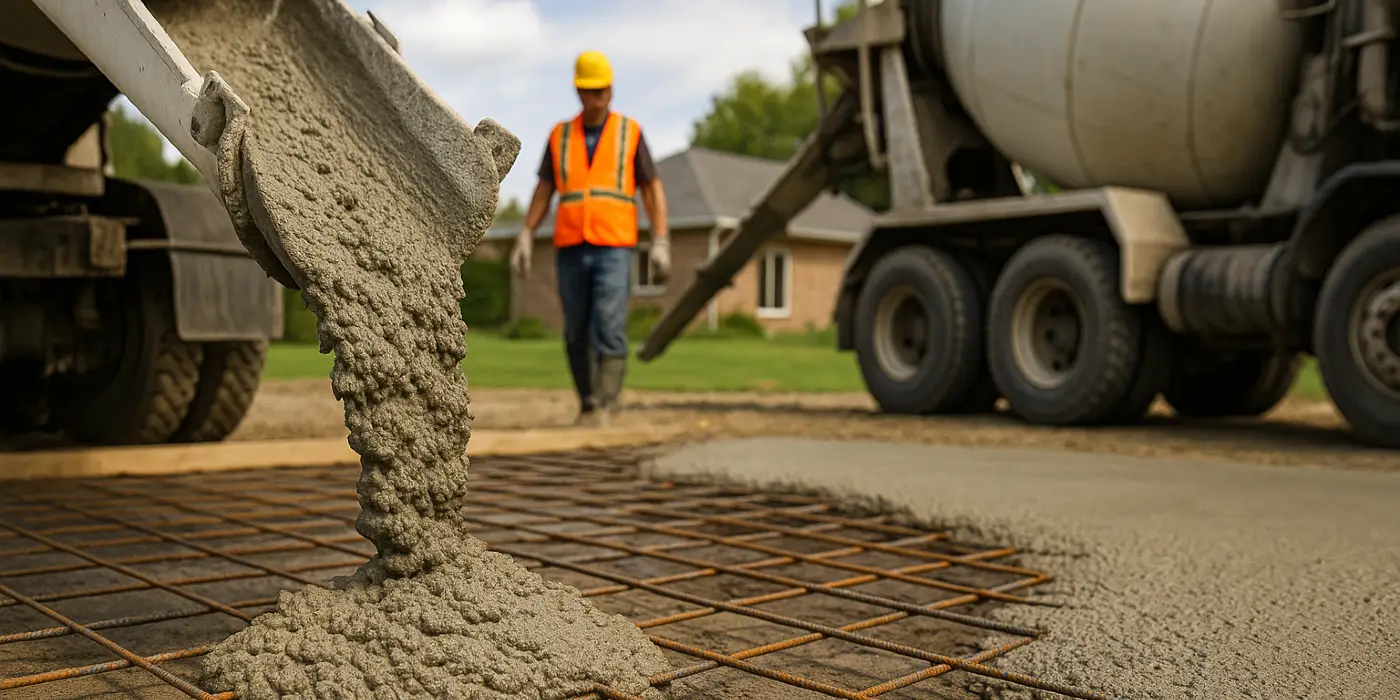 Cement truck pouring cement on a rebared ground from Concrete Contractor Bulls Prime in Round Rock, TX - Concrete Slab Contractor