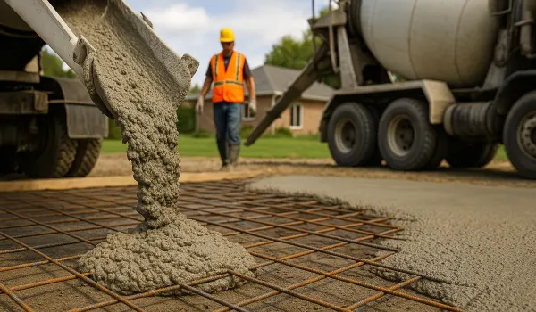 Cement truck pouring cement on a rebared ground from Concrete Contractor Bulls Prime in Round Rock, TX - Concrete Slab Contractor