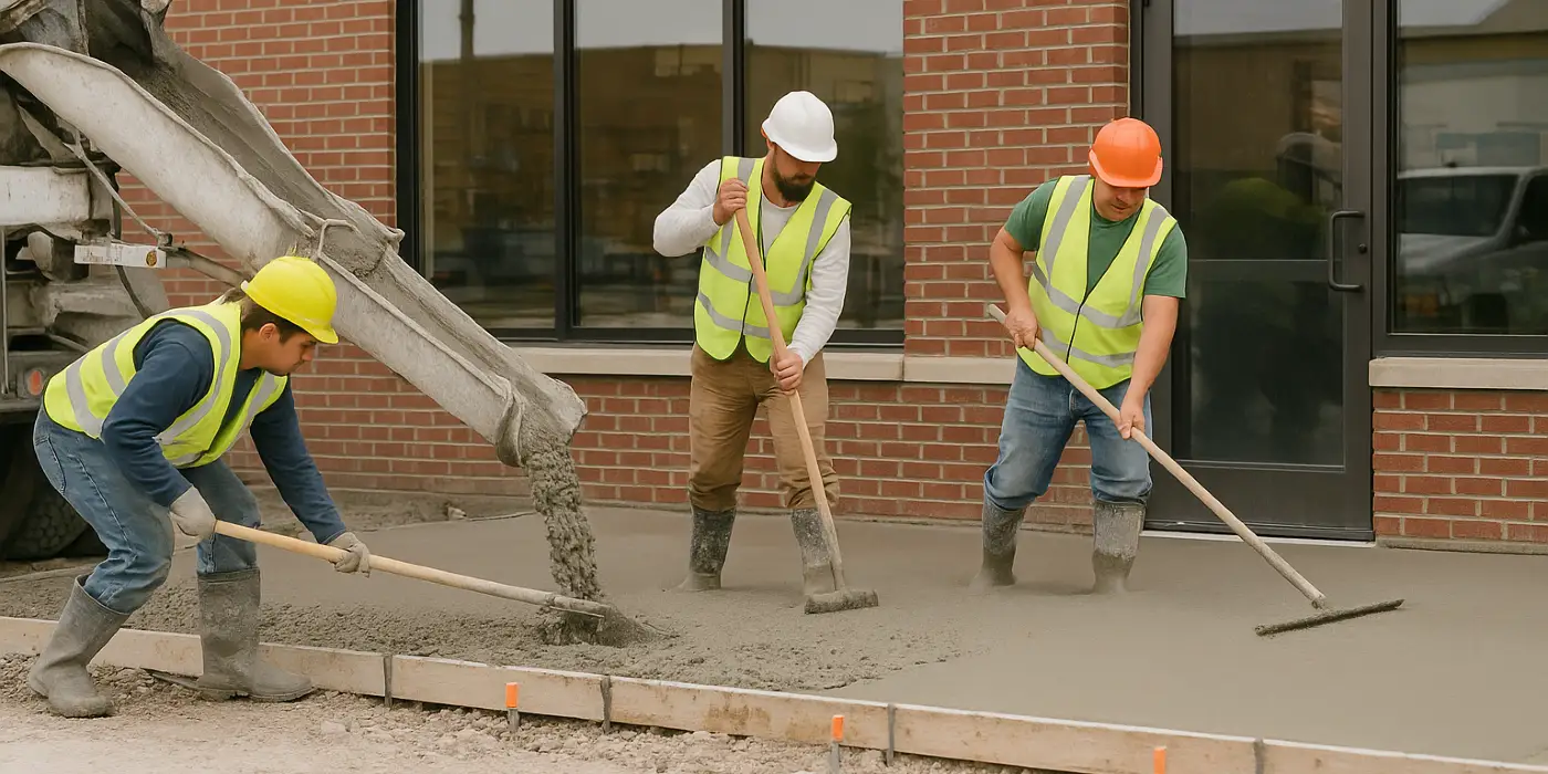 3 concrete contractors spreading concrete on the ground for a sidewalk from Concrete Contractor Bulls Prime in Round Rock, TX - Concrete Walkways