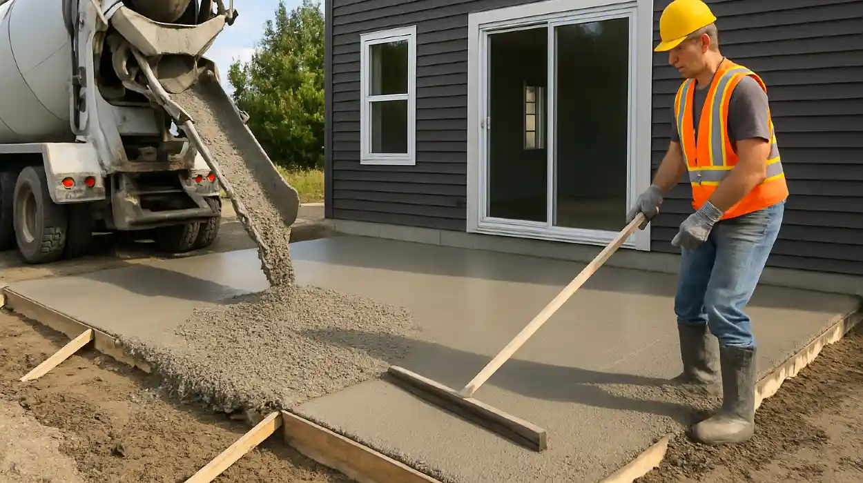 a man spreading the cement a truck is pouring to build a patio from Concrete Contractor Bulls Prime in Round Rock, TX - Decorative Concrete Near Me