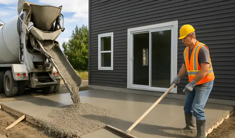 a man spreading the cement a truck is pouring to build a patio from Concrete Contractor Bulls Prime in Round Rock, TX - Decorative Concrete Near Me