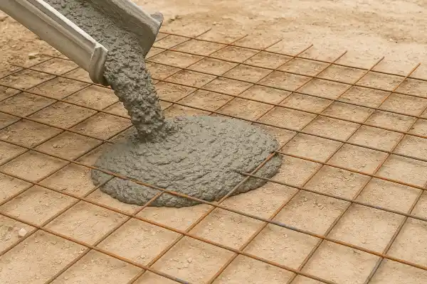 a cement truck pouring cement on a rebared ground from Concrete Contractor Bulls Prime in Round Rock, TX - Decorative Concrete Near Me