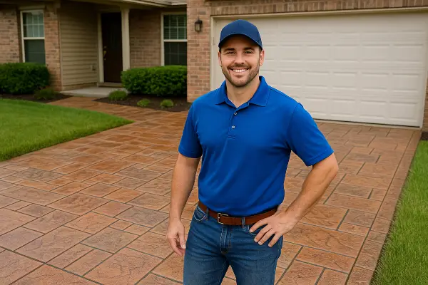 a concrete contractor smiling at the camera with stamped concrete behind him from Concrete Contractor Bulls Prime in Austin, TX - austin-tx
