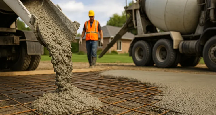 Cement truck pouring cement on a rebared ground from Concrete Contractor Bulls Prime in Pflugerville, TX - pflugerville-tx