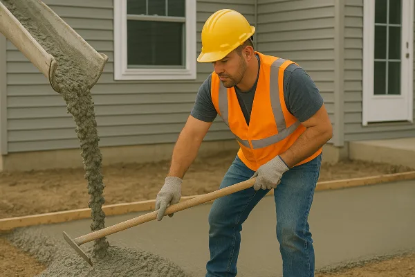 a man spreading the cement that a truck is pouring on the ground from Concrete Contractor Bulls Prime in Round Rock, TX - Residential Driveway Repair