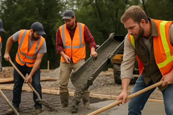 3 concrete workers pouring and spreading cement on the ground from Concrete Contractor Bulls Prime in Georgetown, TX - georgetown-tx 3 concrete workers pouring and spreading cement on the ground from Concrete Contractor Bulls Prime in Georgetown, TX - georgetown-tx